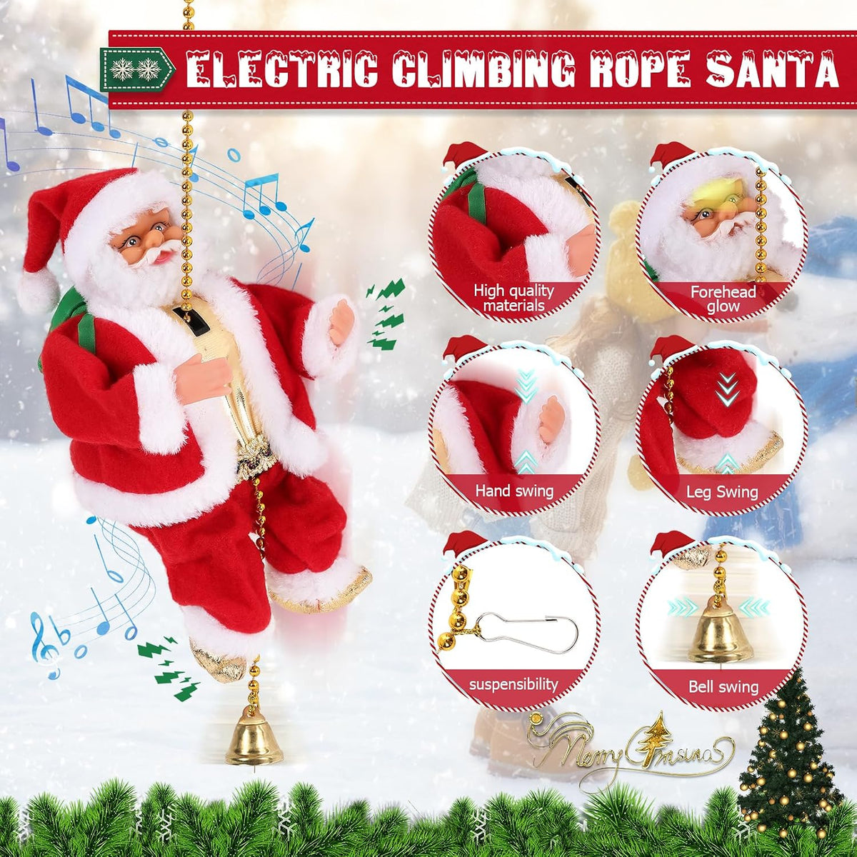 Gfilay Juguete animado de Papá Noel trepador con música y movimient...