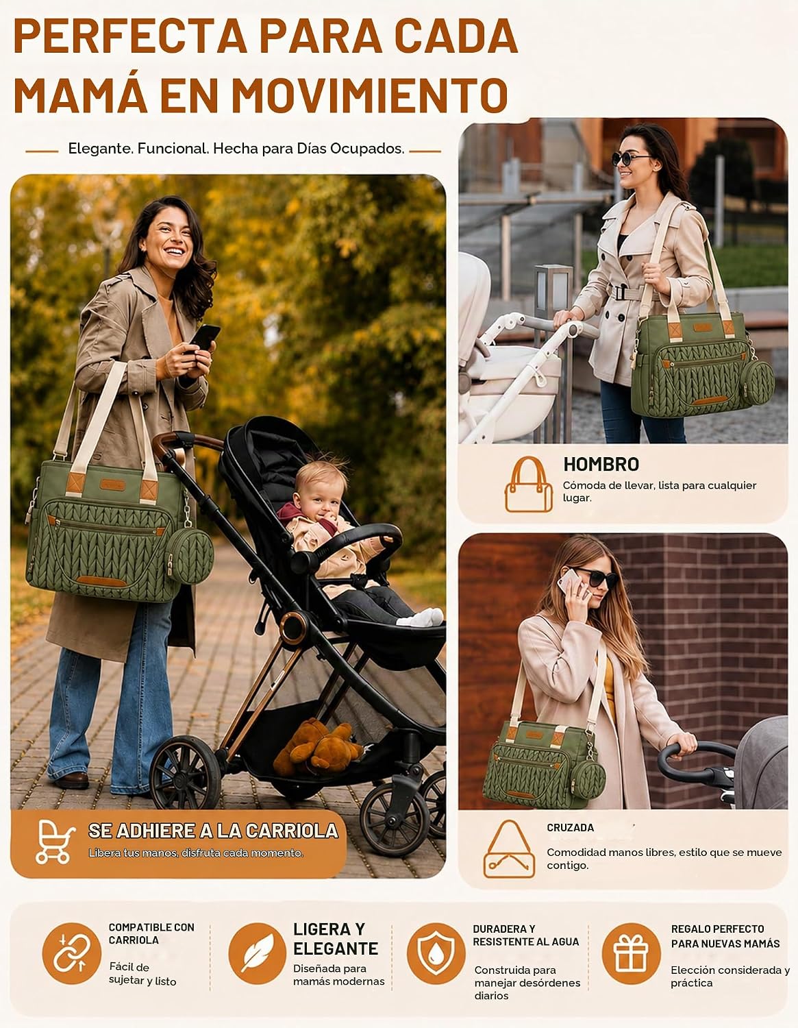 FHELAD Bolsa de pañales para mujer, bolsa de bebé con compartimento...