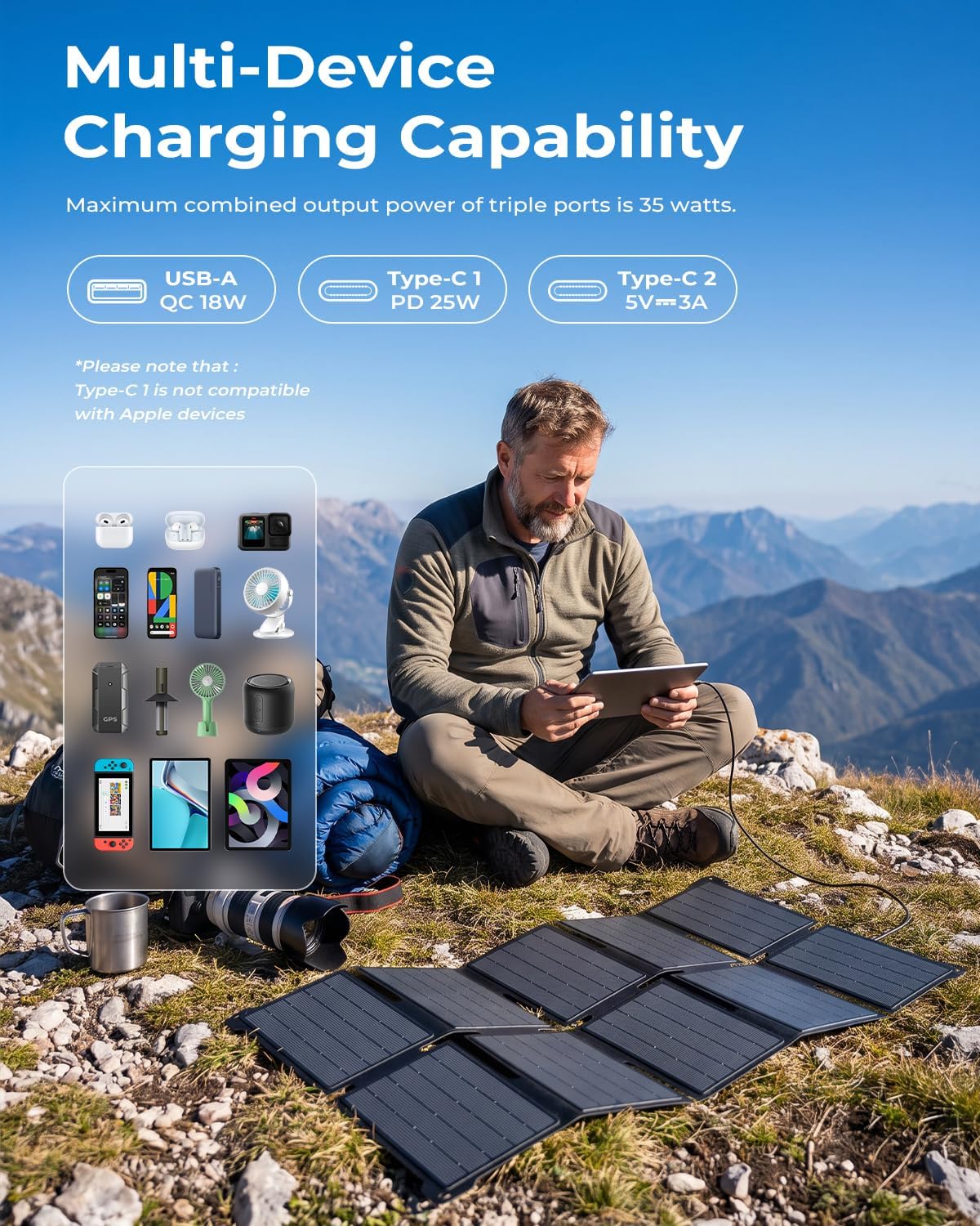 Cargador de panel solar portátil BigBlue de 35W con carga rápida US...
