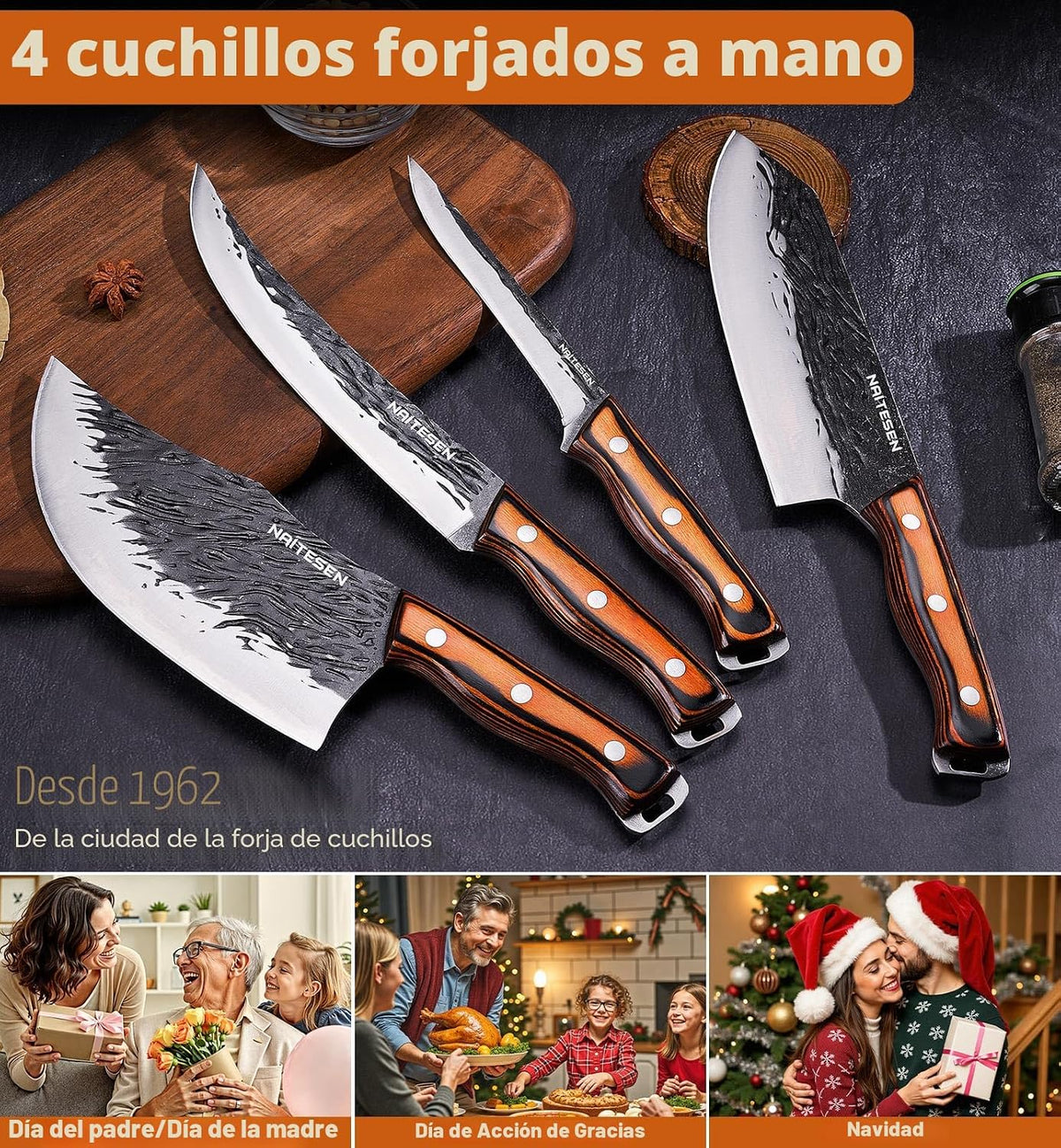 Naitesen 4 piezas de cuchillo de carnicero forjado a mano y cuchill...