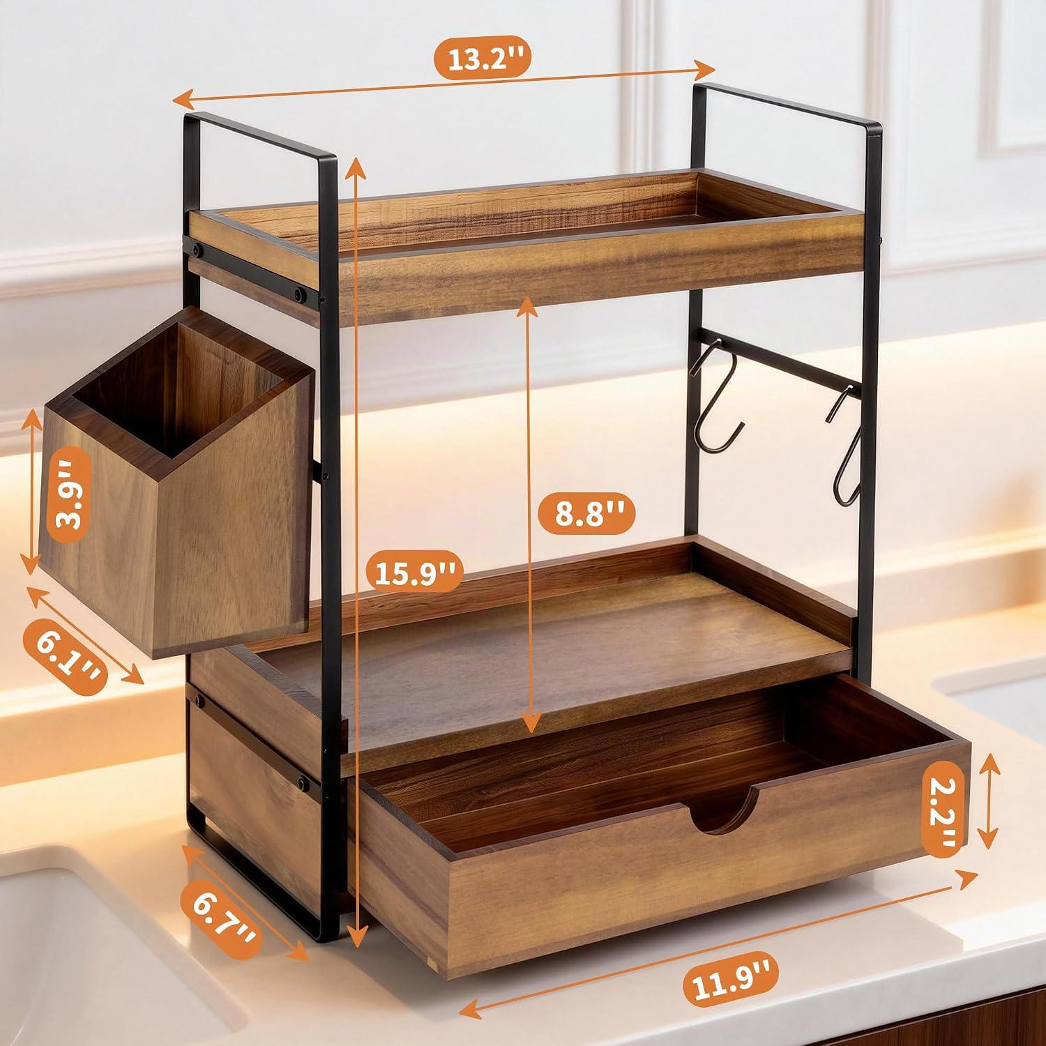 Organizador de encimera de baño de 2 niveles con cajón y cesta, org...