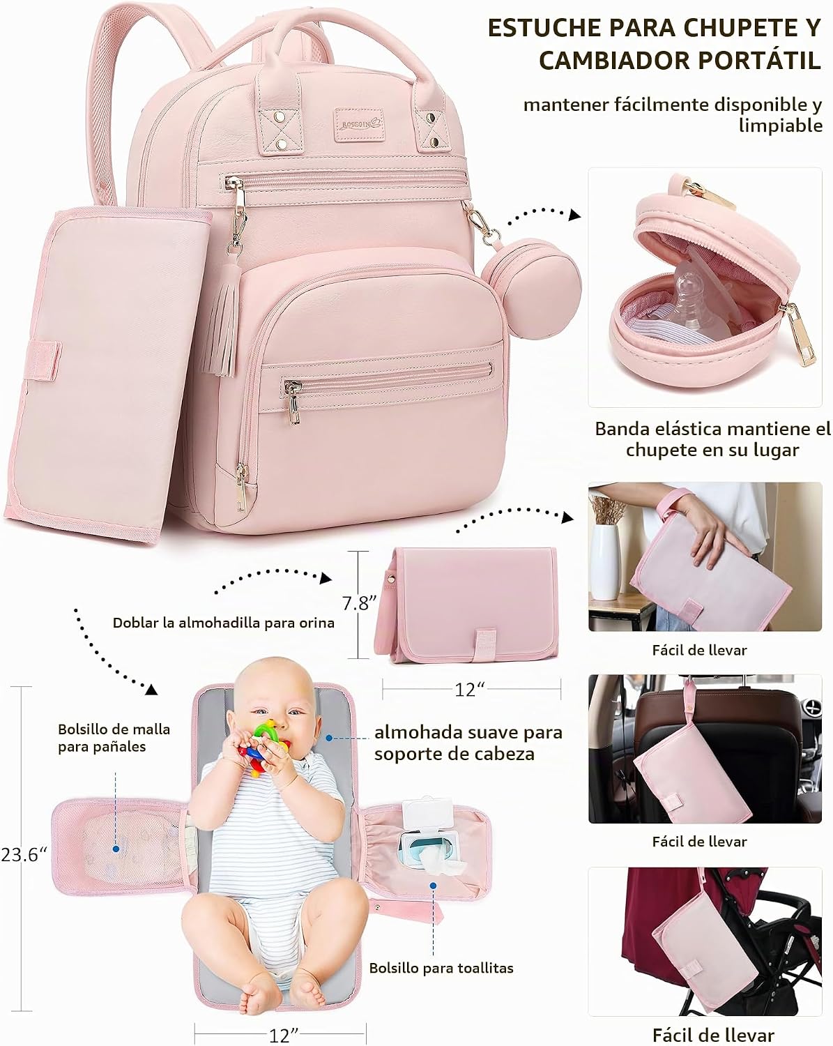 ROSEGIN Mochila para pañales de cuero vegano de alta calidad con ca...