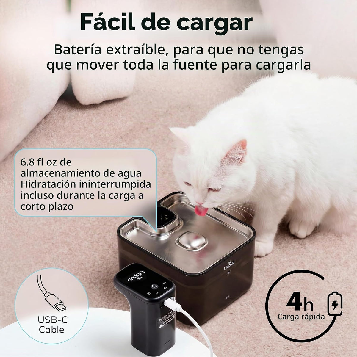 LIPPUP Fuente de agua inalámbrica para gatos, 88 oz\/2.6 L, fuente...