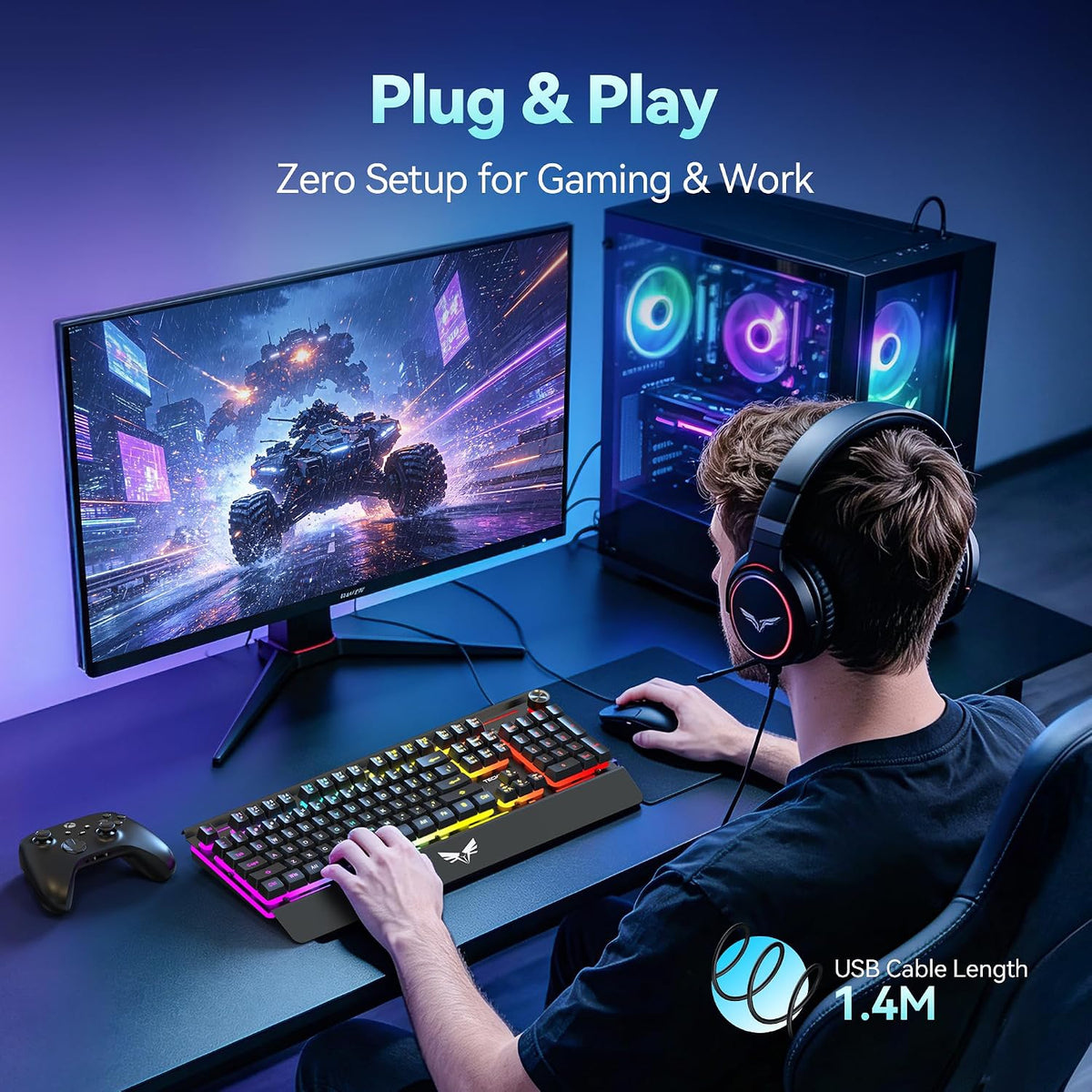 TECKNET Teclado para juegos con cable, teclado RGB de panel metálic...