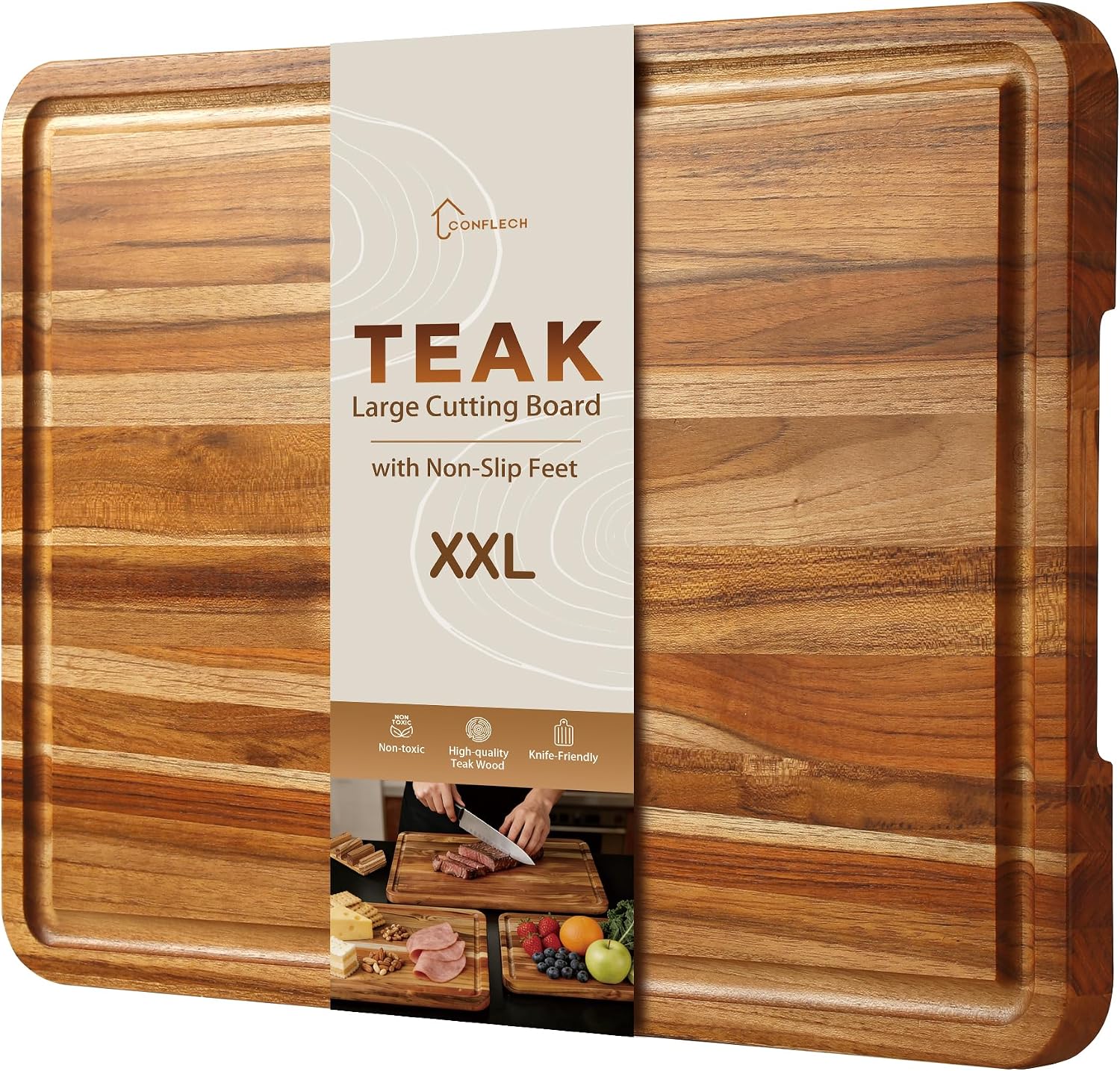 Tabla de cortar de teca XXL, tabla de cortar de madera no tóxica, m...