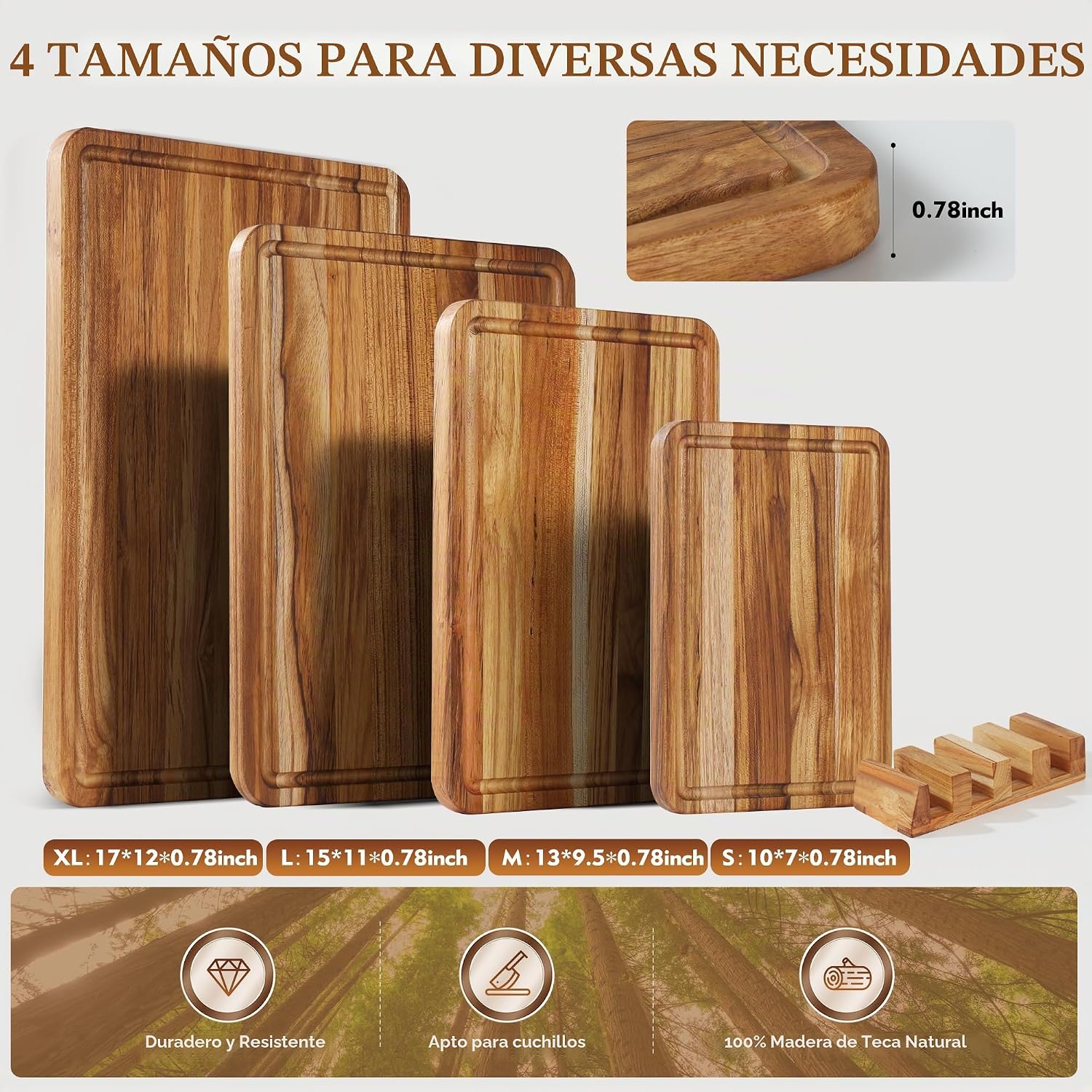 Juego de 4 tablas de cortar de teca para cocina, tabla de cortar de...