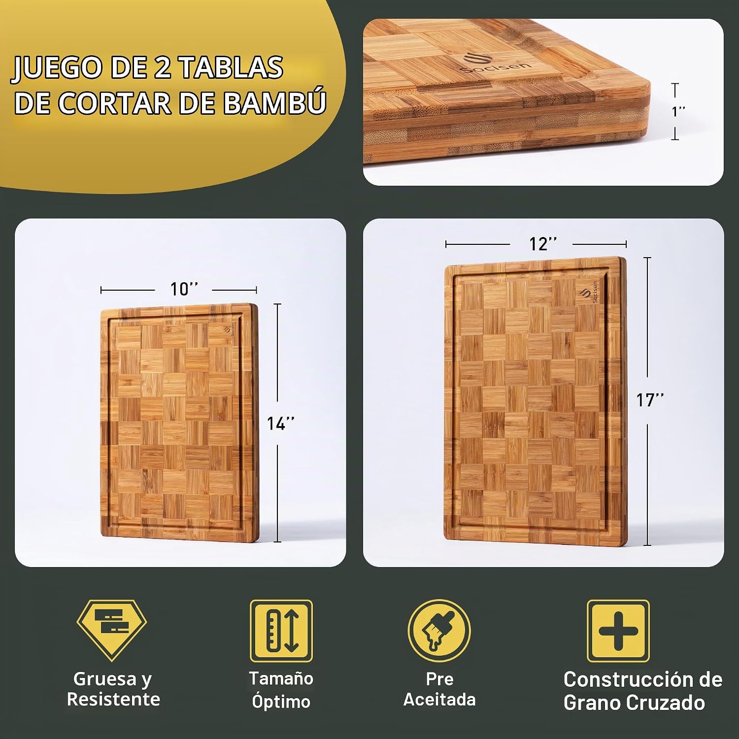 Juego de 2 tablas de cortar de bambú resistentes antideslizantes so...