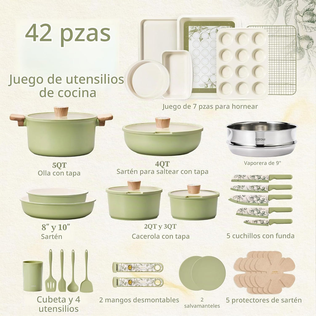 CAROTE Juego de Baterías de Cocina de Cerámica de 42 Piezas, Juego...