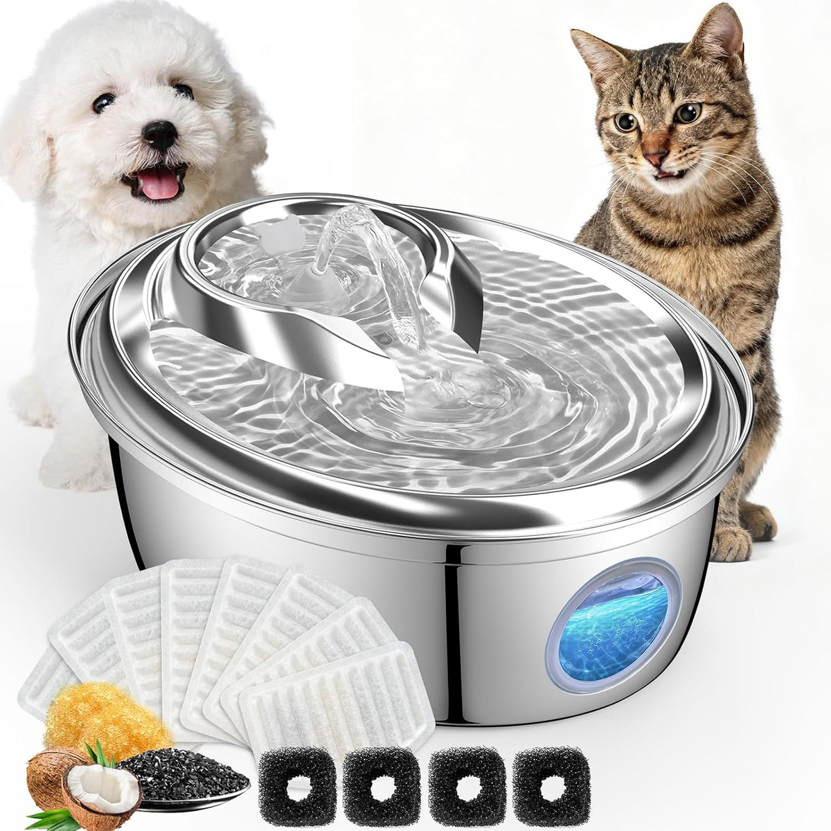 ORSDA Fuente de agua de acero inoxidable para gatos, fuente automát...