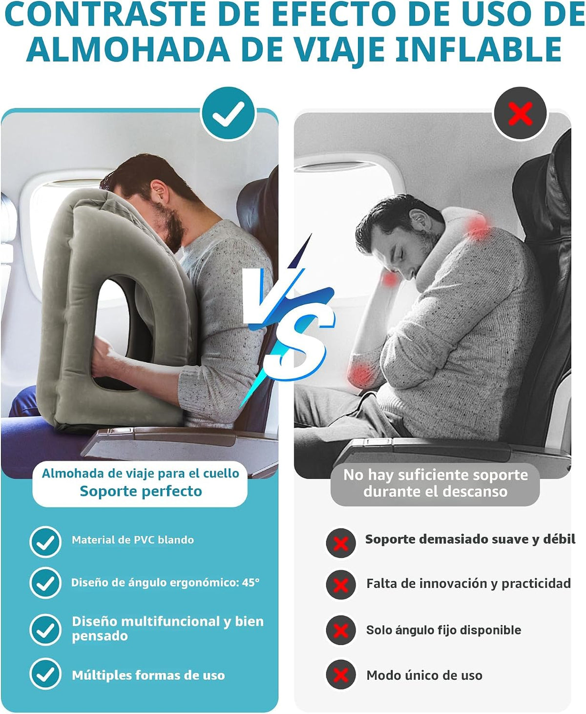 JefDiee Almohada inflable de viaje, almohada de cuello de avión que...