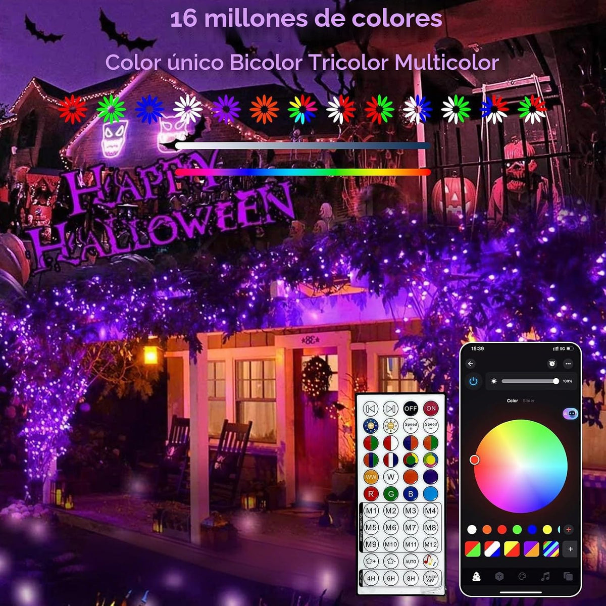 Cadena de luces de árbol de Navidad de Halloween que cambia de colo...
