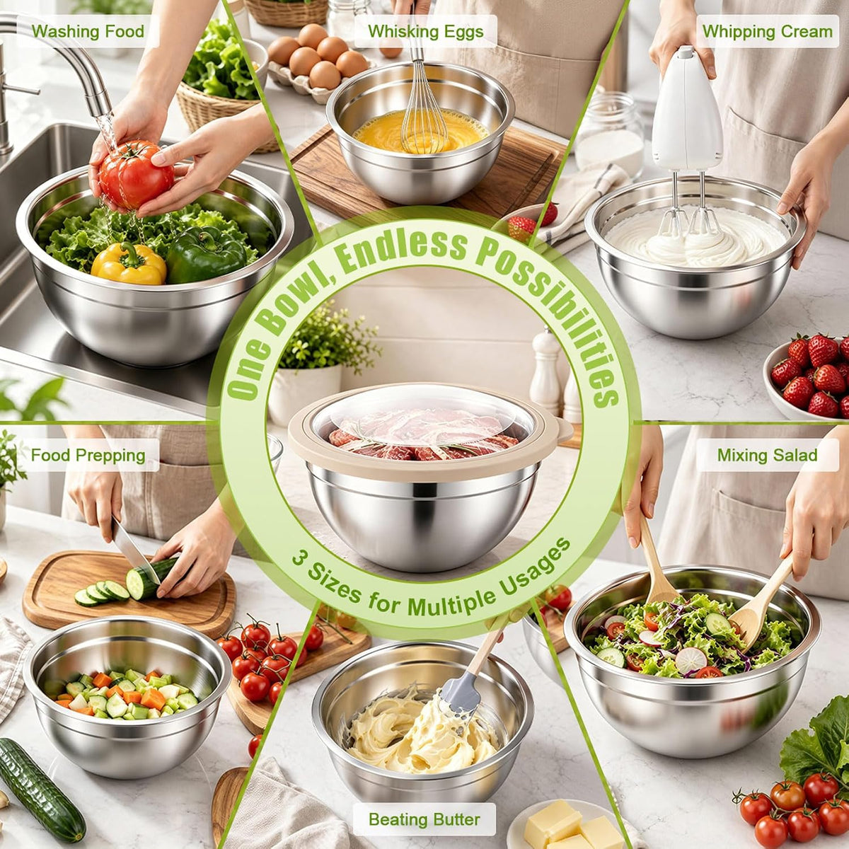 P&amp;P CHEF Tazones para mezclar de acero inoxidable con tapas her...