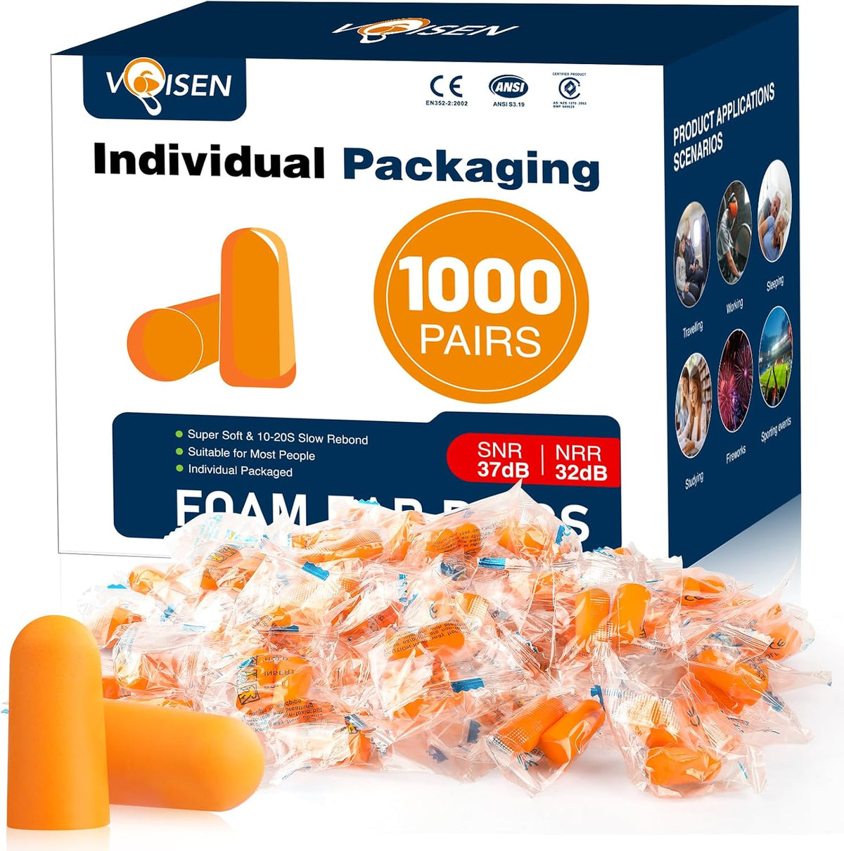 VOISEN Tapón para los oídos, 1000 pares de tapones para los oídos p...