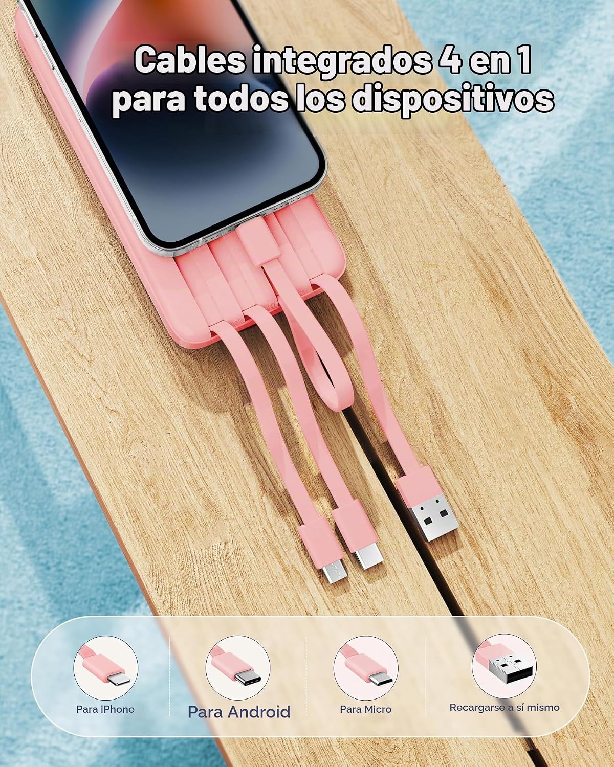 charmast Cargador portátil de banco de energía con 4 cables integra...
