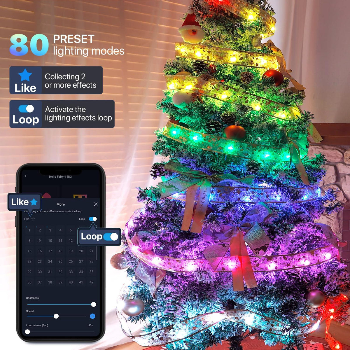 Tira de luces inteligentes para árbol de Navidad de 33 pies, 80 mod...