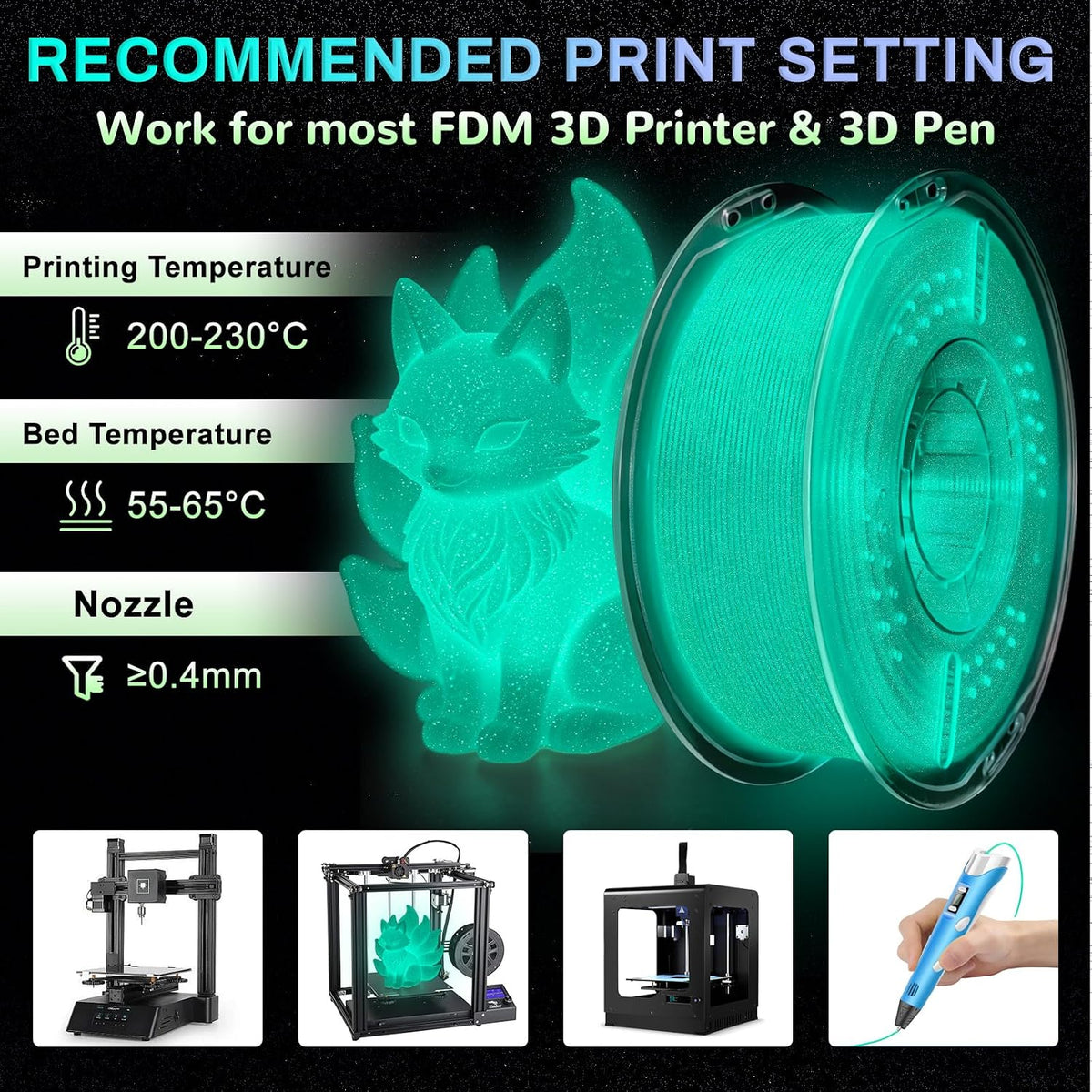 Frucindra Filamento PLA+ para impresora 3D, brillo en la oscuridad,...