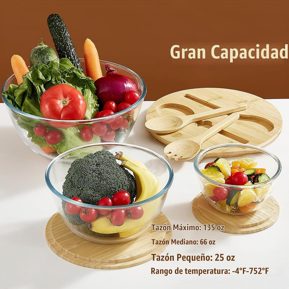 ECWAY Juego de 3 cuencos de vidrio para ensalada con tapas de bambú...