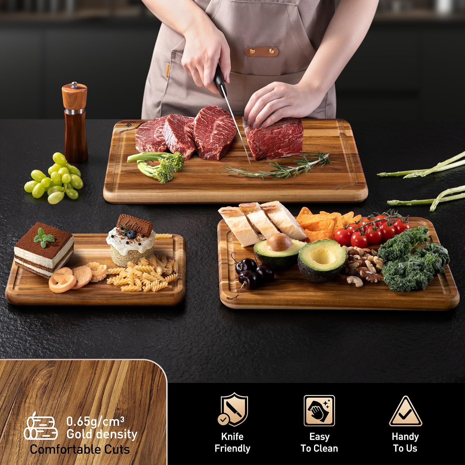 Juego de tablas de cortar de madera de teca para cocina de alta gam...