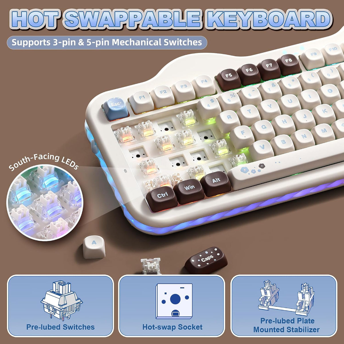 YUNZII Teclado mecánico inalámbrico C98 Cute Cake (Choco, interrupt...
