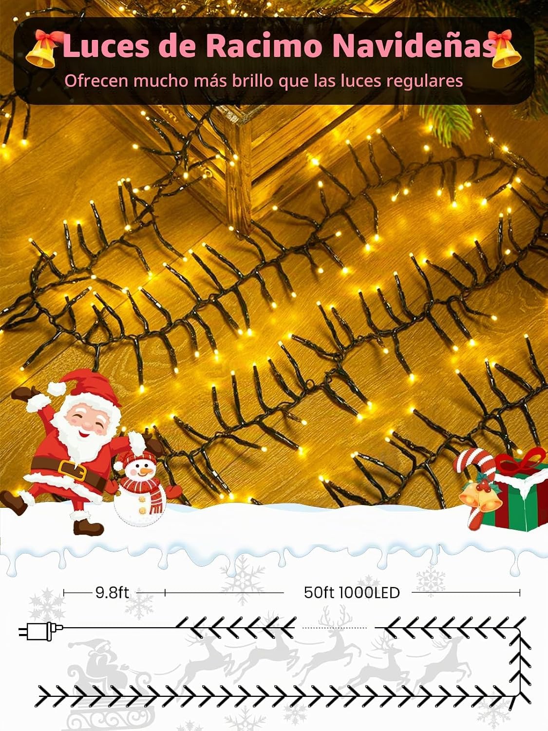 Luces de racimo de Navidad de 50 pies, 1000 luces LED con control r...