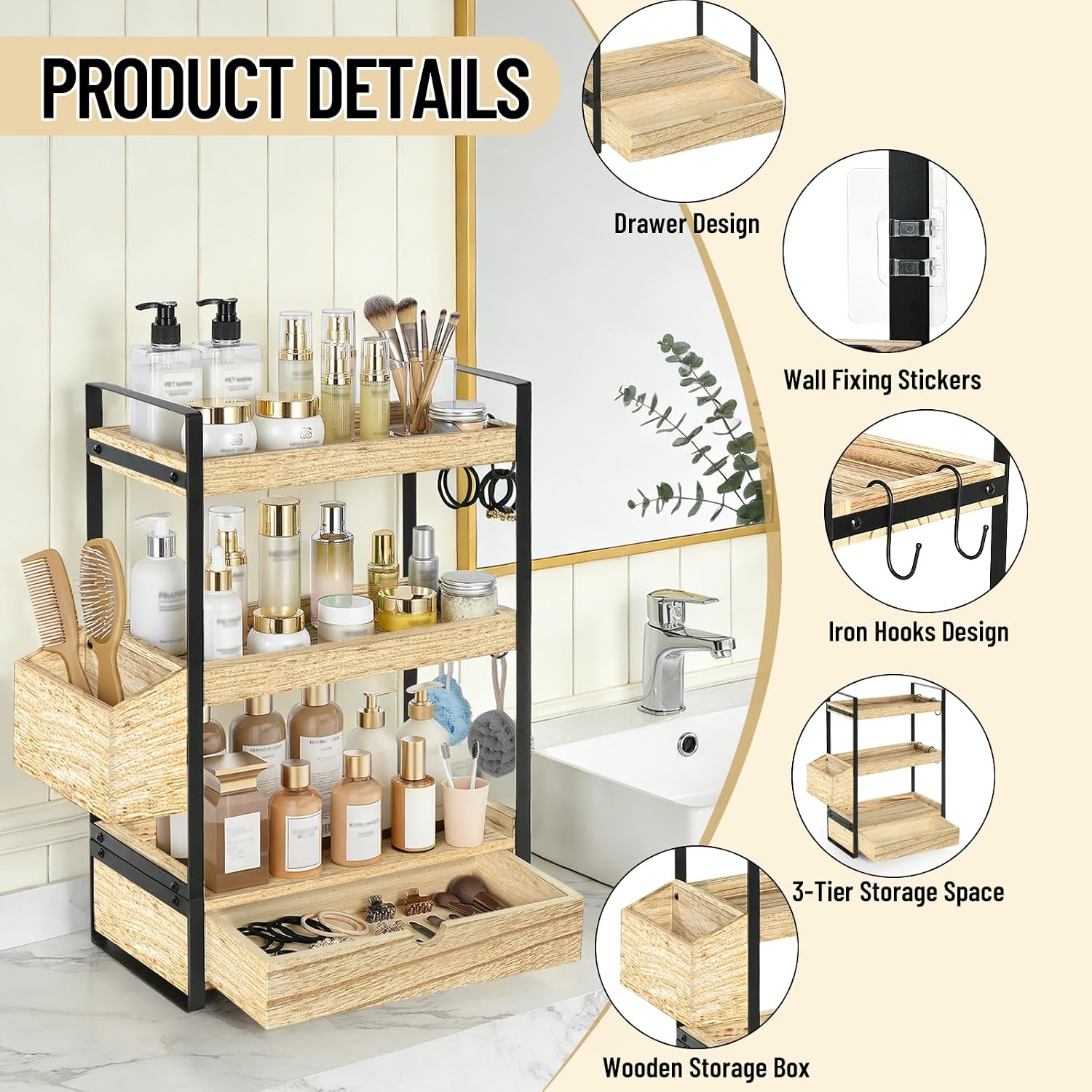 Organizador de encimera de baño de 3 niveles con cesta de cajón y g...