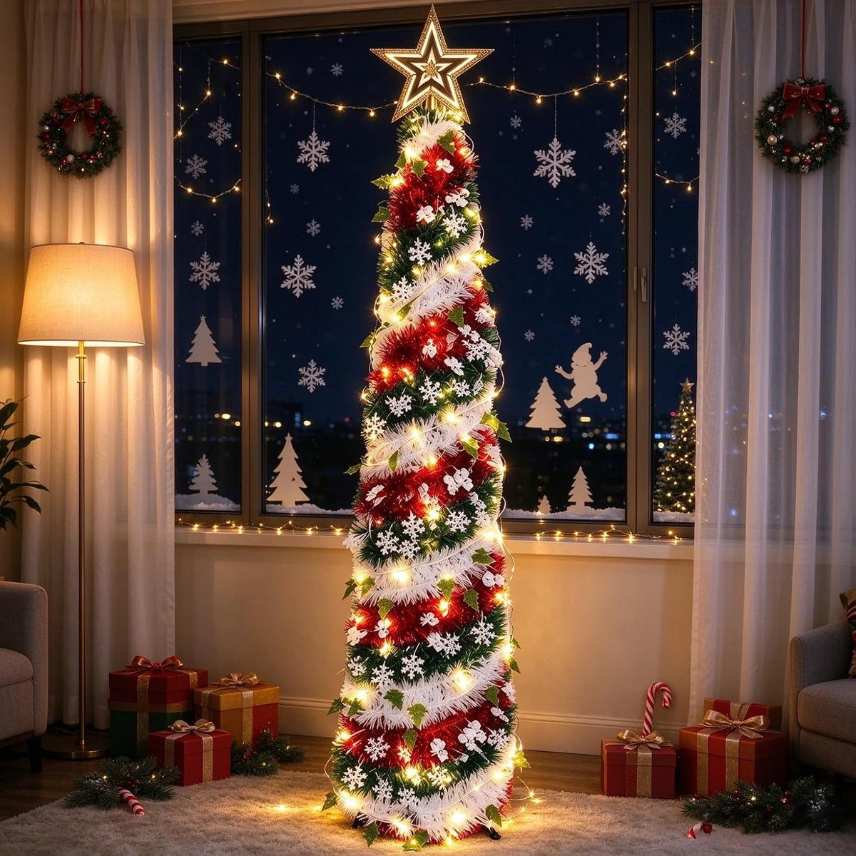Árbol de Navidad de oropel de 5 pies con 50 luces LED cálidas, pleg...
