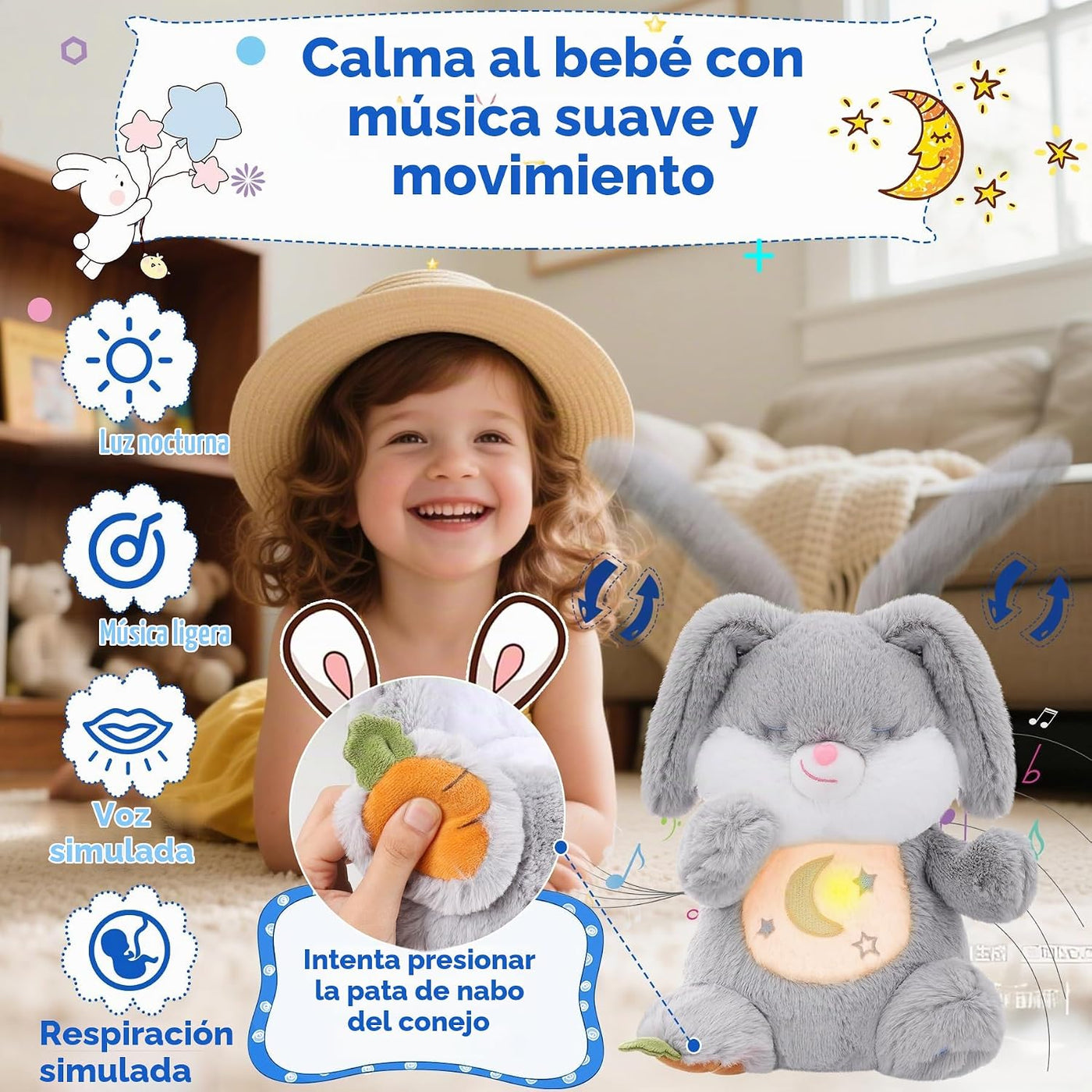 MIAODAM Conejo de peluche con respiración, juguete de peluche para...