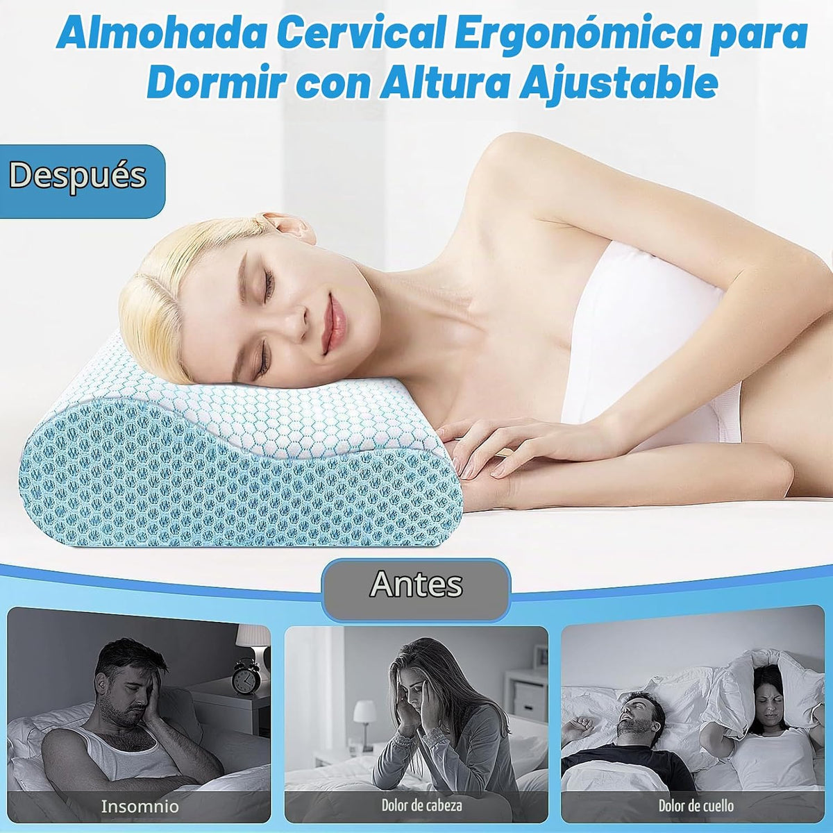 Almohada cervical ergonómica para dormir, tamaño estándar azul | Al...