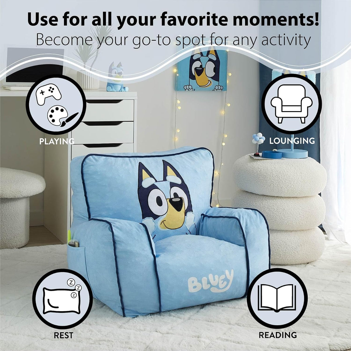 Idea Nuova Bluey - Puf relleno de espuma para niños, asiento de fel...