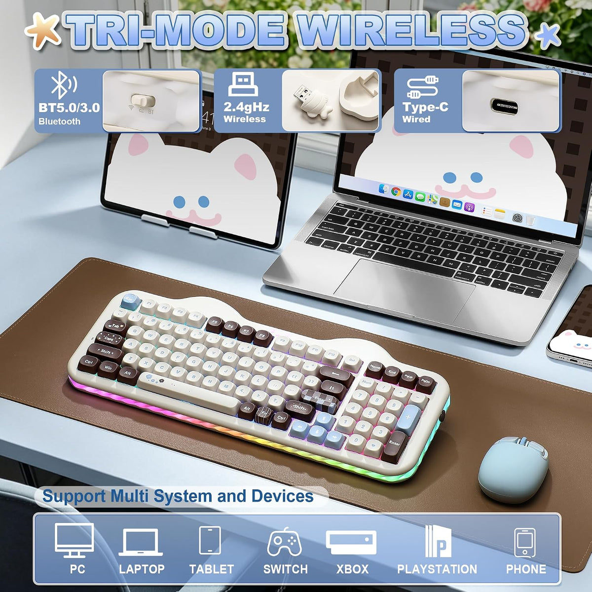YUNZII Teclado mecánico inalámbrico C98 Cute Cake (Choco, interrupt...