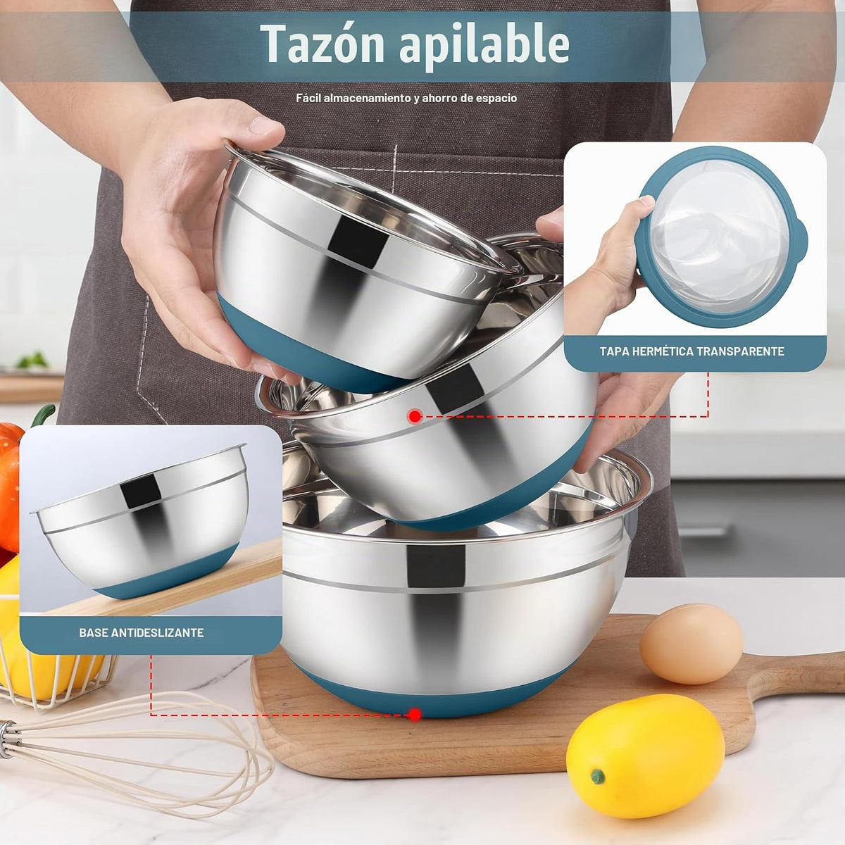 E-far Juego de tazones para mezclar con tapas, 15 piezas de tazones...