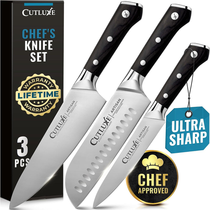 Cutluxe Juego de cuchillos de chef, juego de 3 cuchillos de chef pr...