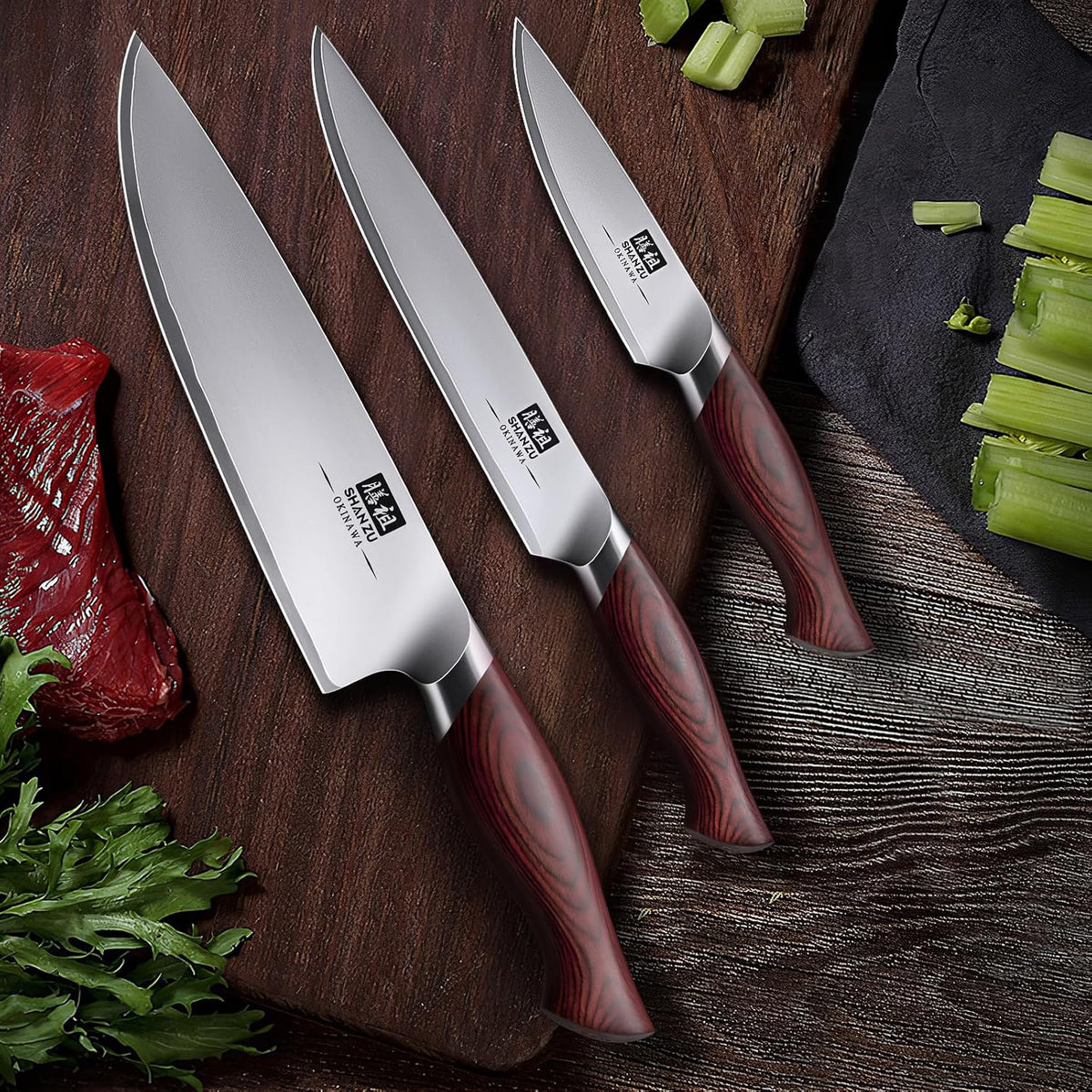 SHAN ZU Juego de cuchillos japoneses de 3 piezas, juego de cuchillo...
