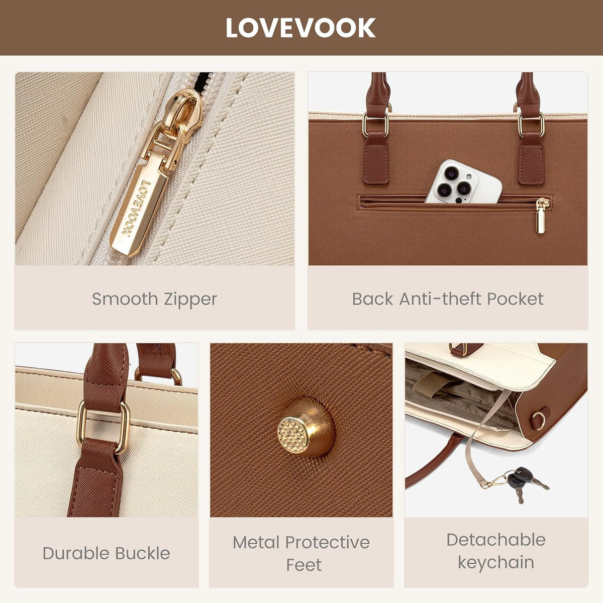 LOVEVOOK Bolso para laptop para mujer, bolso de trabajo de cuero, b...