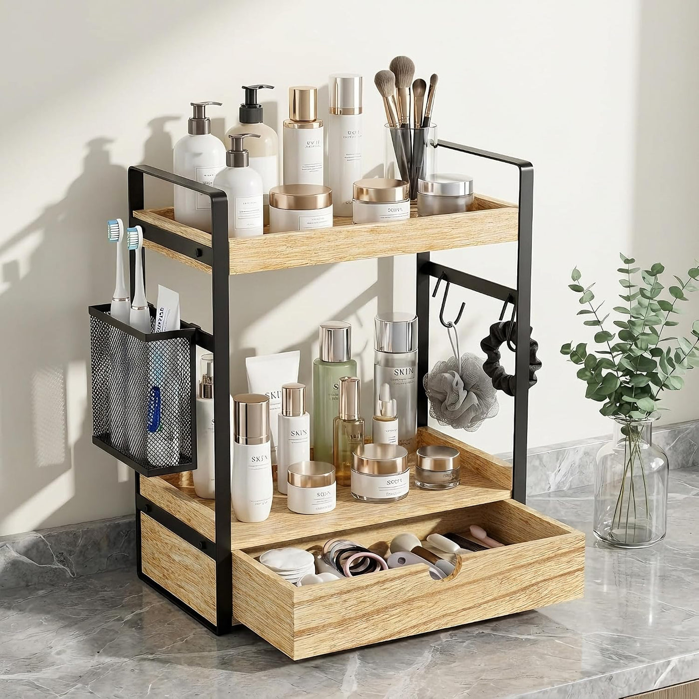 Organizador de encimera de baño de 2 niveles con cesta de cajón y g...