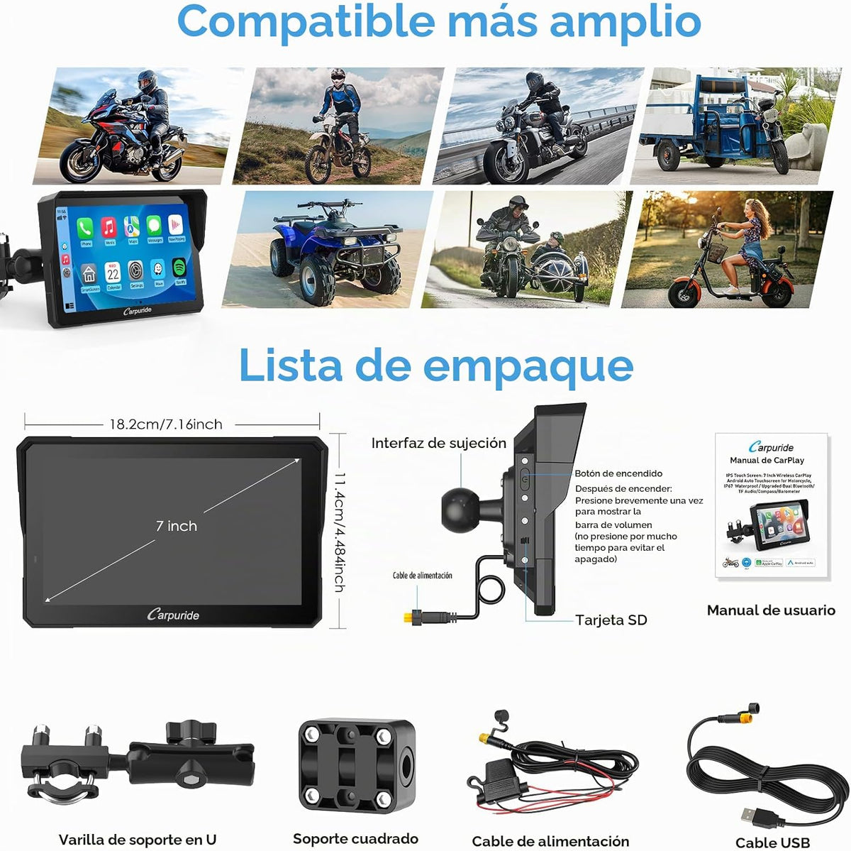 Carpuride W702PRO 7" para motocicleta CarPlay y Android Auto Du...