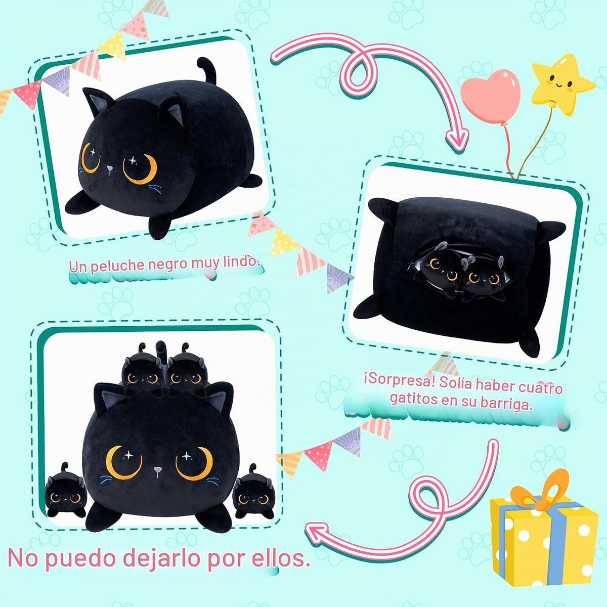 YIIQUWEN Gato Negro de Peluche Lindo Gato de Peluche Suave con 4 Al...