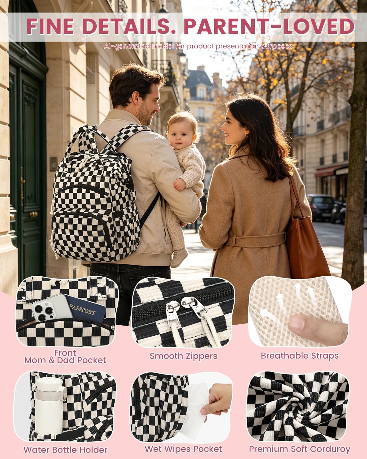 Mochila de pañales de pana para mamá, bolsa de pañales de viaje par...