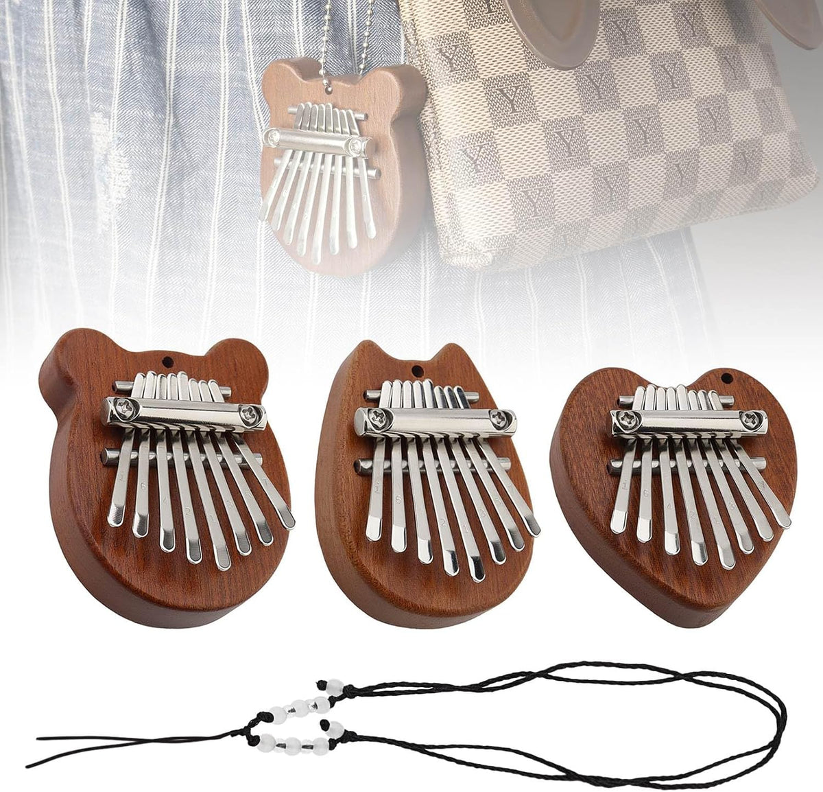 Kalimba - Piano de pulgar de 3 piezas, 8 teclas de madera de sapele...