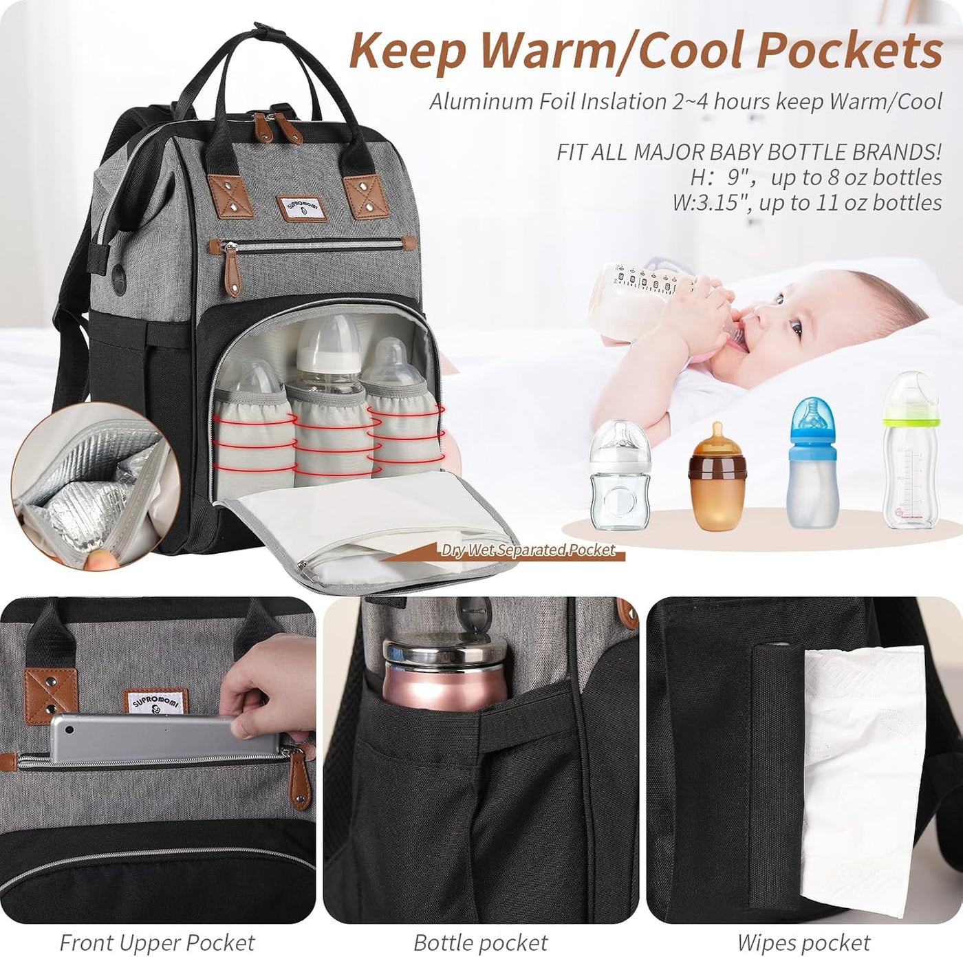 SUPROMOMI Mochila para pañales: bolsa de bebé grande para niños y n...