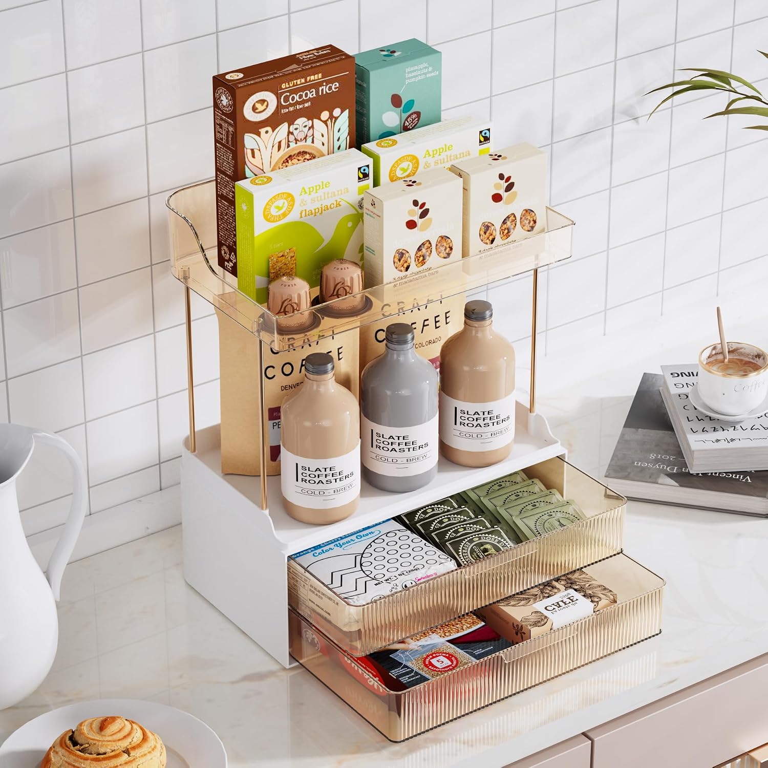 Delamu Organizador y almacenamiento de baño, 2 niveles y 2 cajones,...