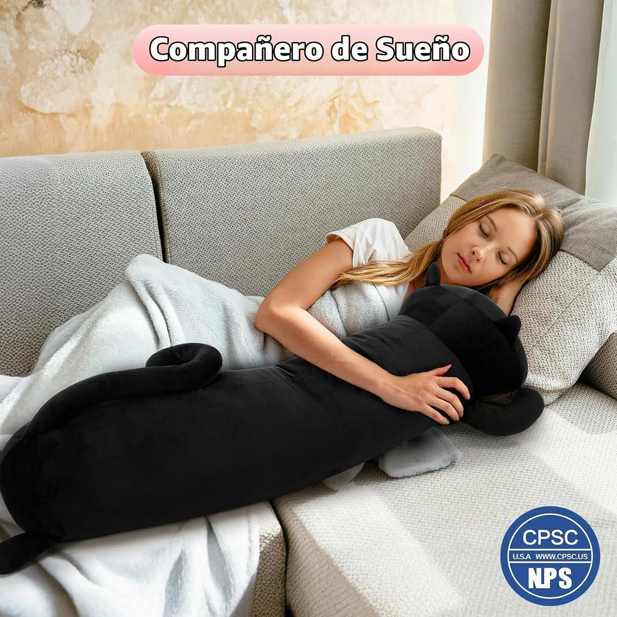 MaoGoLan Almohada corporal de felpa de gato negro, 44 pulgadas, jug...
