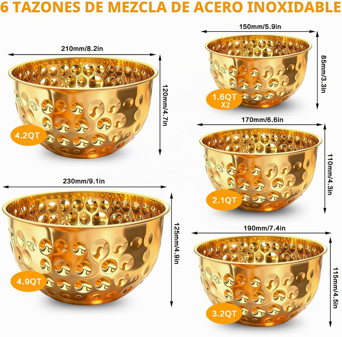 Tazones dorados de 6 piezas (1.6-4.9 cuartos de galón), cuencos de...