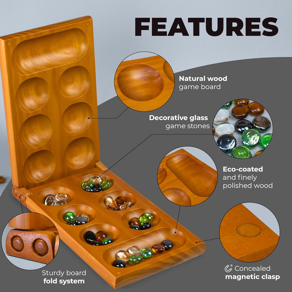 Mancala - Juego de mesa con bloqueo magnético, juego plegable clásico para 2 jugadores, juego de mancala de madera con 56 guijarros de cristal, juego de Mancala para niños y adultos