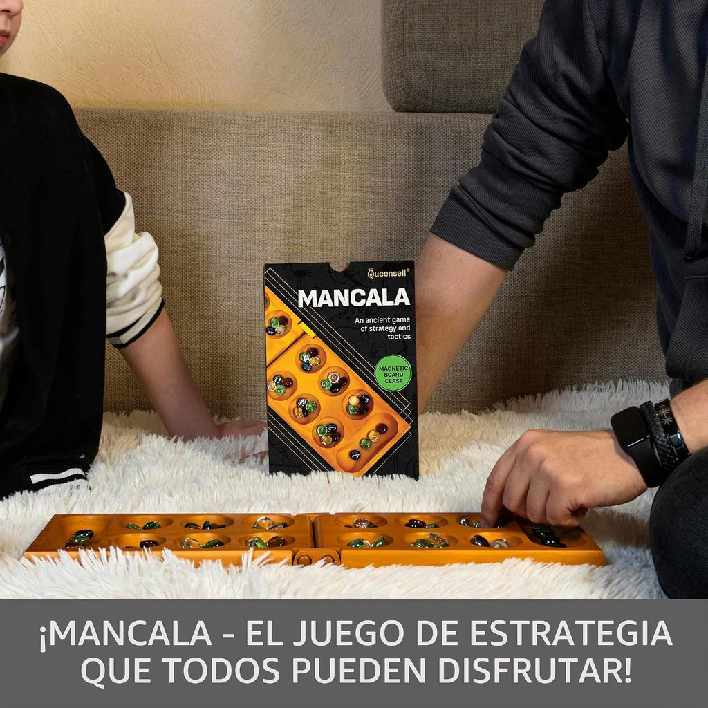 Mancala - Juego de mesa con bloqueo magnético, juego plegable clásico para 2 jugadores, juego de mancala de madera con 56 guijarros de cristal, juego de Mancala para niños y adultos