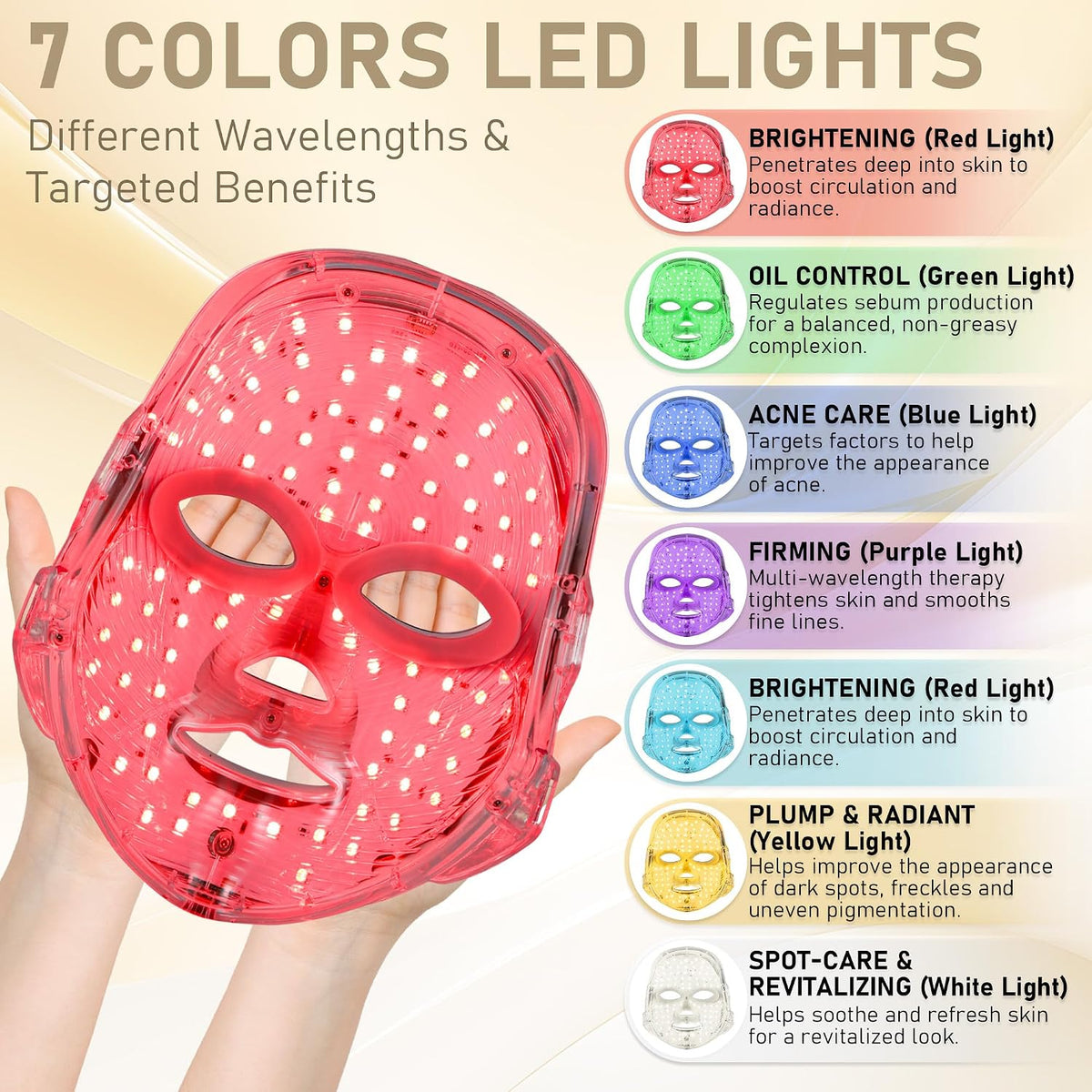 Terapia de luz roja para la cara, 7 colores LED máscara facial reca...