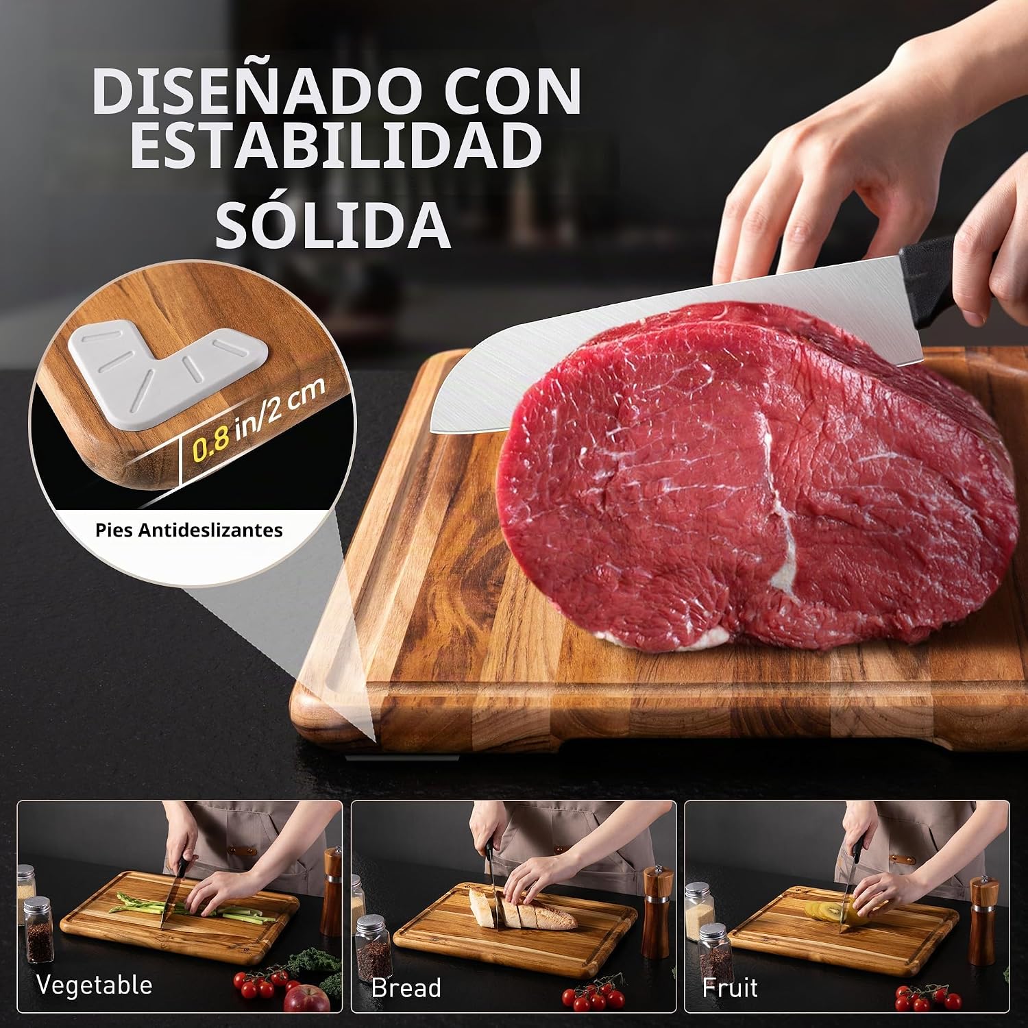 Tabla de cortar de teca de 15 pulgadas antideslizante para sobre el...