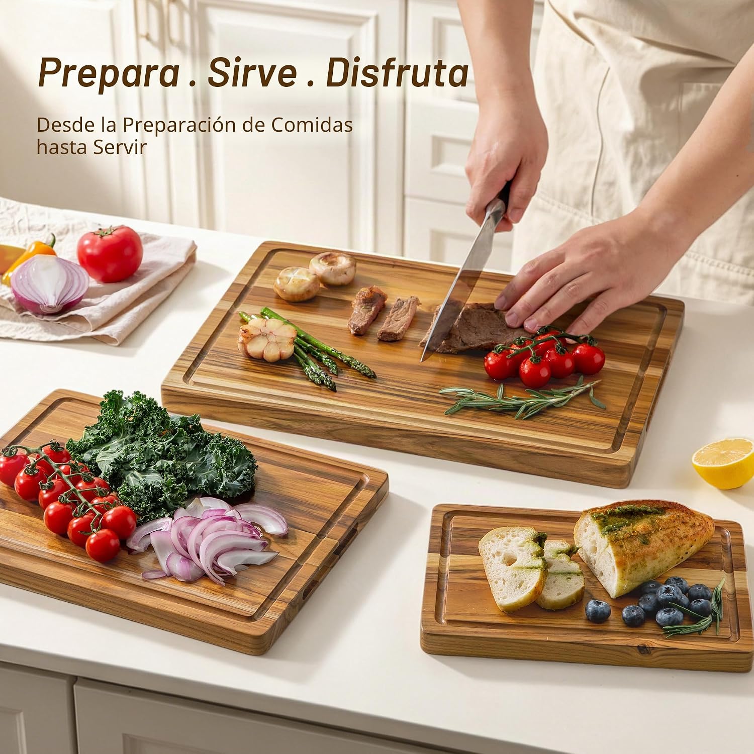 THETCHRY Juego de 3 tablas de cortar de madera de teca para cocina...