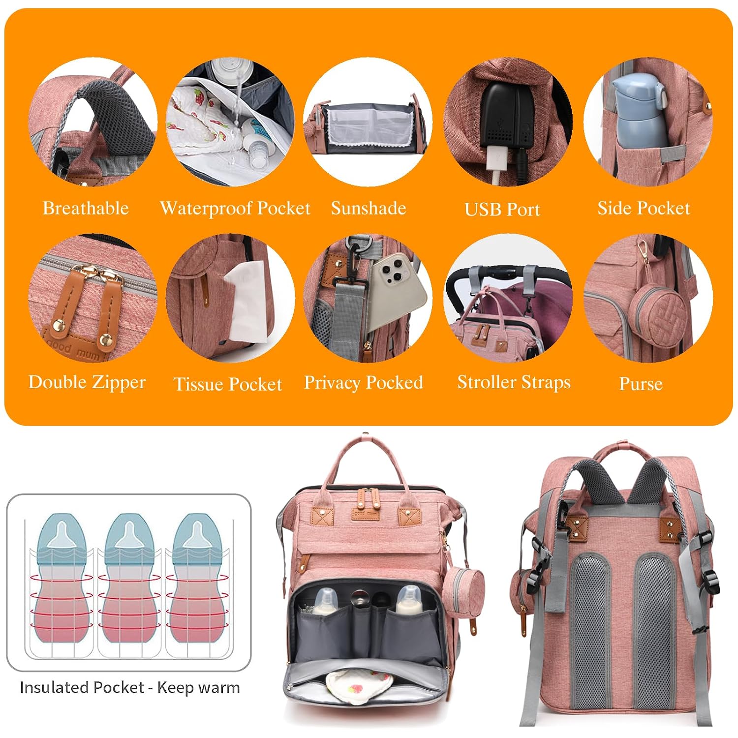 Astro alan - Mochila para pañales de bebé con cambiador, impermeabl...