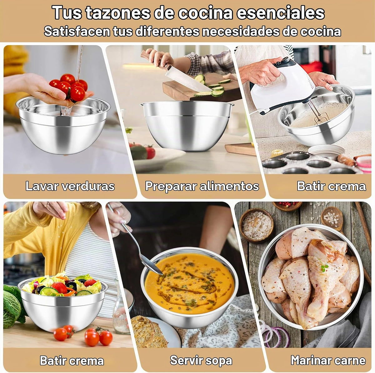 TeamFar - Juego de 5 tazones para mezclar con tapas, de acero inoxi...